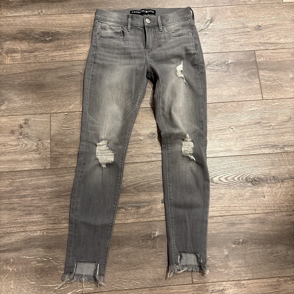 Express Gray Distressed Mid Rise Ankle Jeggings